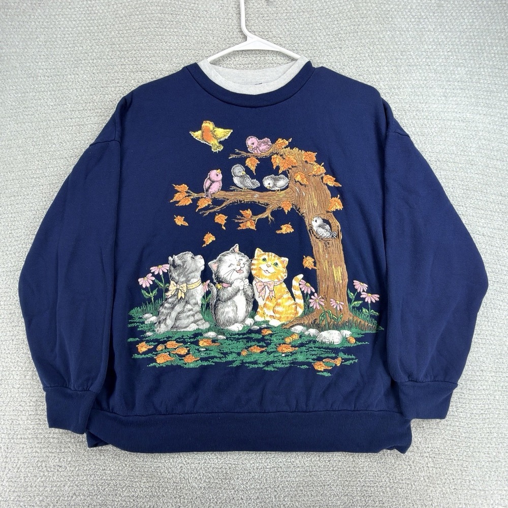 Vintage 90s Basic Editions Cat Bird Sweatshirt Large USA Grandmacore Cottagecore